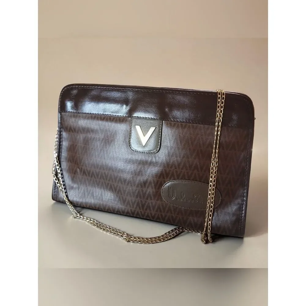 Mario Valentino Authentic Brown Monogram Clutch with Gold Chain Vintage